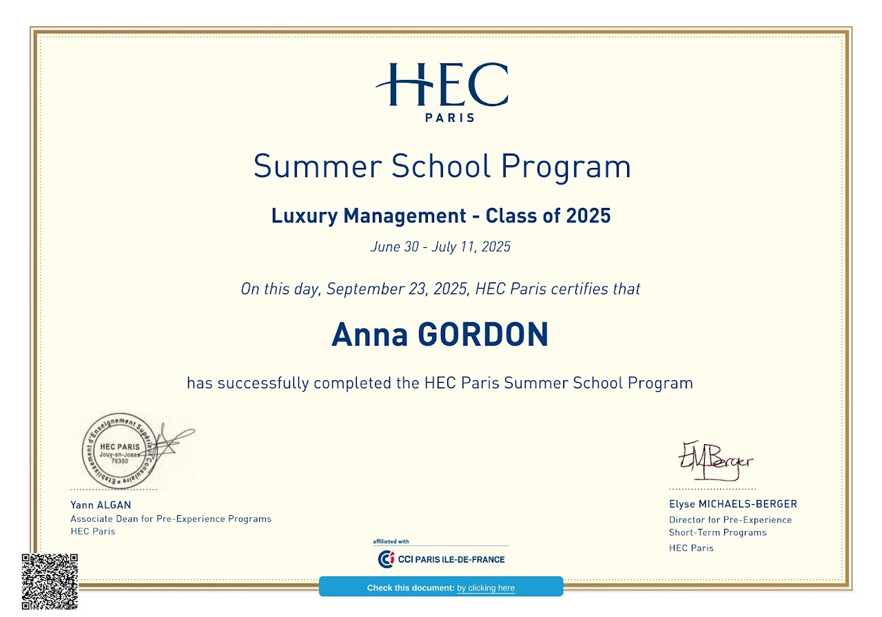 Luxury Management Certificate certificate from HEC Paris