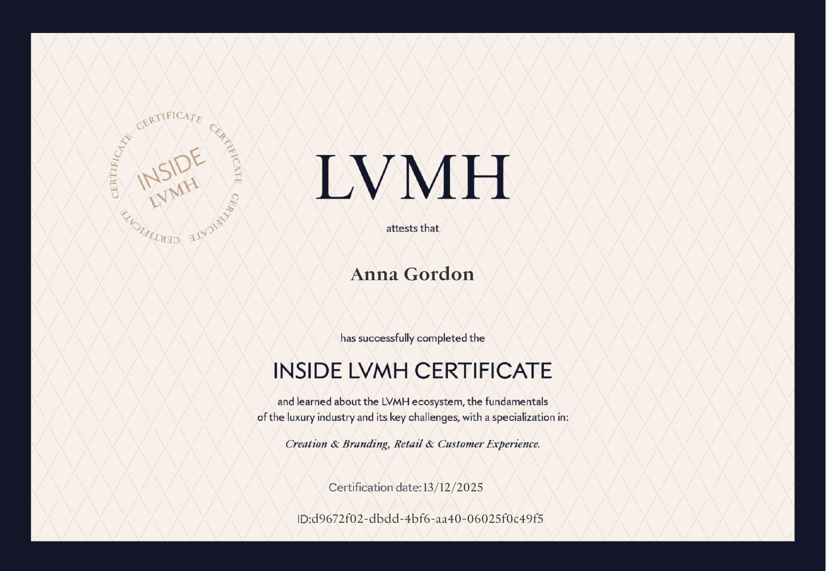 Inside LVMH Certificate certificate from LVMH